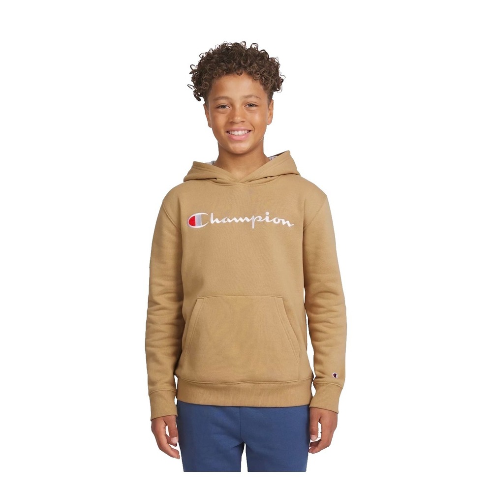 Champion Boys XL 18/20 Tan Script Logo Pullover Hoodie Sweatshirt